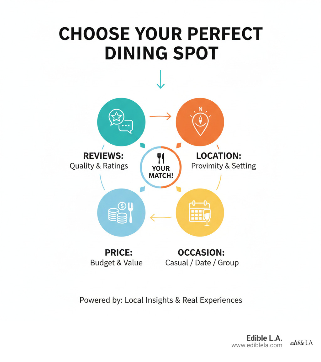 Infographic showing how to choose the perfect dining spot based on reviews, location, occasion, and price - best restaurants