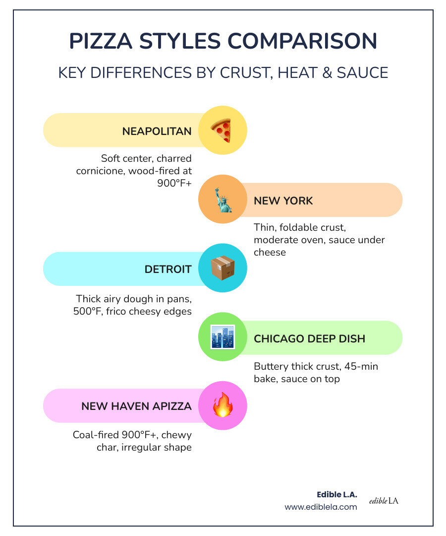 Table comparing crust thickness, baking temperature, and sauce placement - best pizza near me infographic