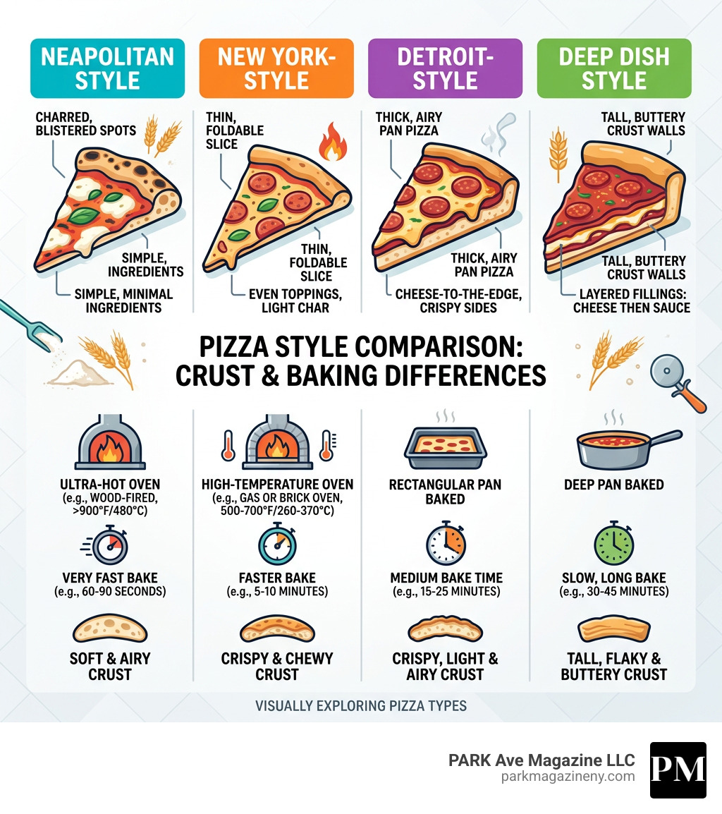 Pizza styles comparison: Neapolitan vs New York vs Detroit vs Deep Dish crust and baking differences - best pizza near me