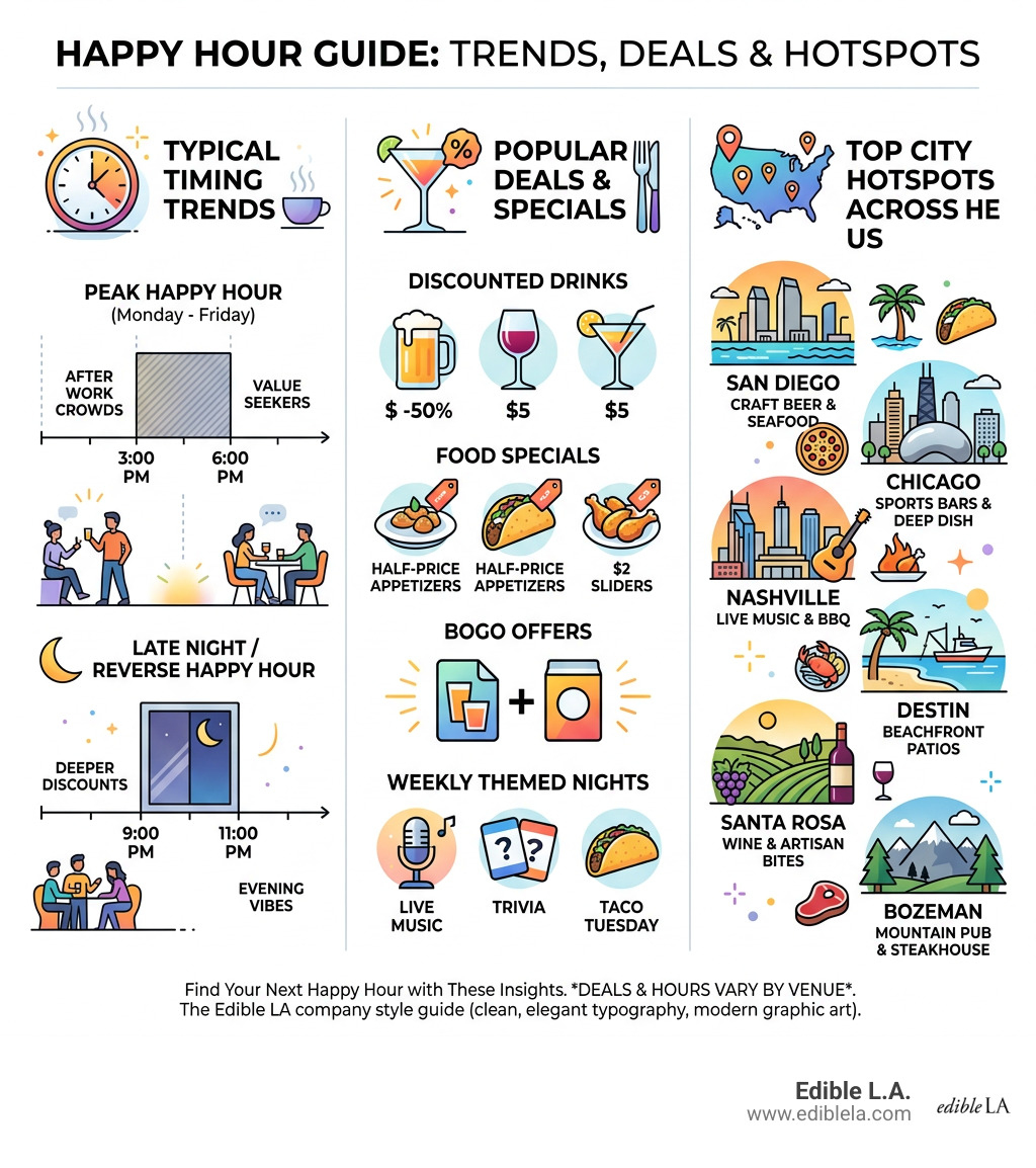 Infographic showing happy hour timing trends, typical deals, and top city hotspots across the US - happy hour near me
