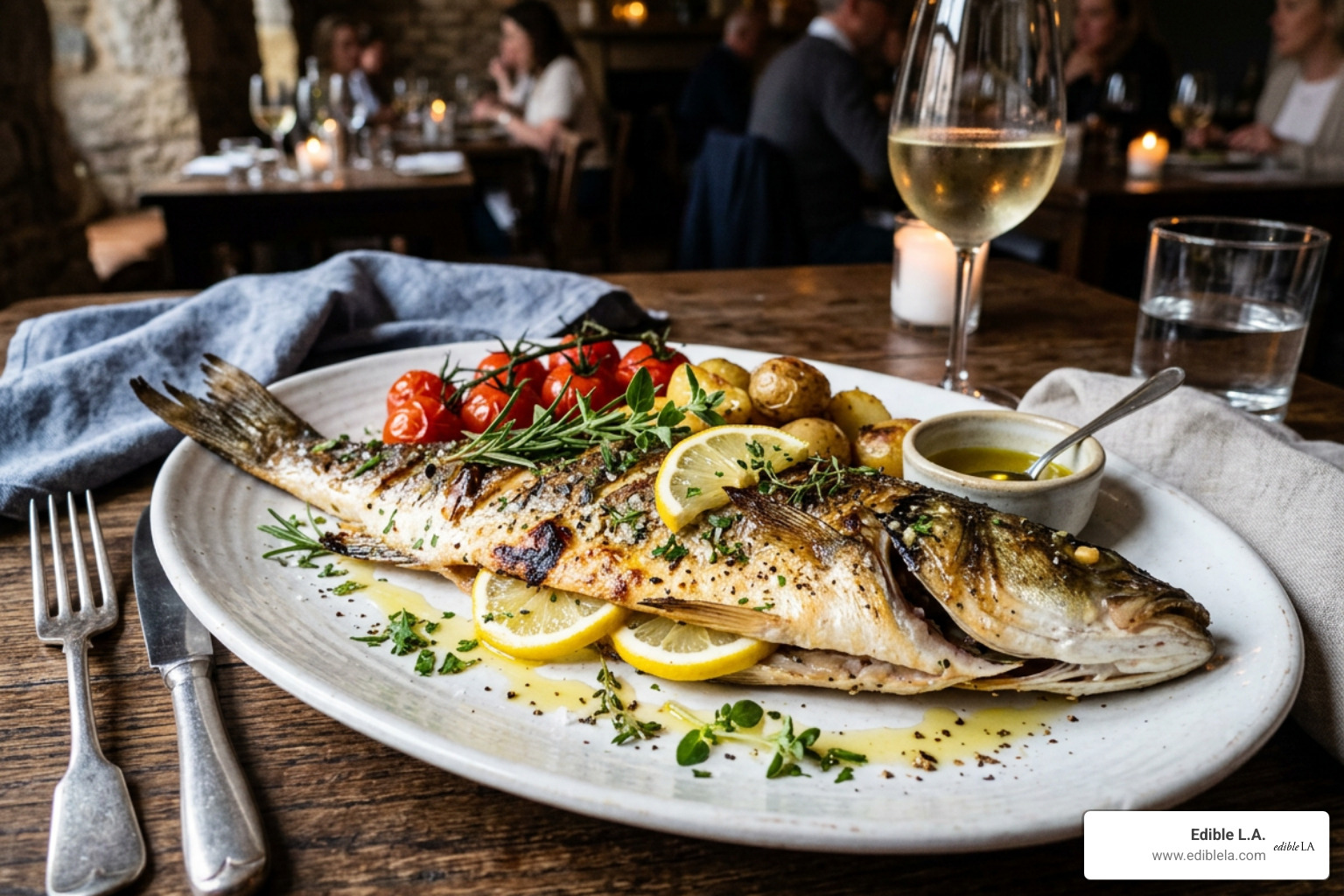 A whole roasted branzino served with lemon and herbs on a platter - branzino