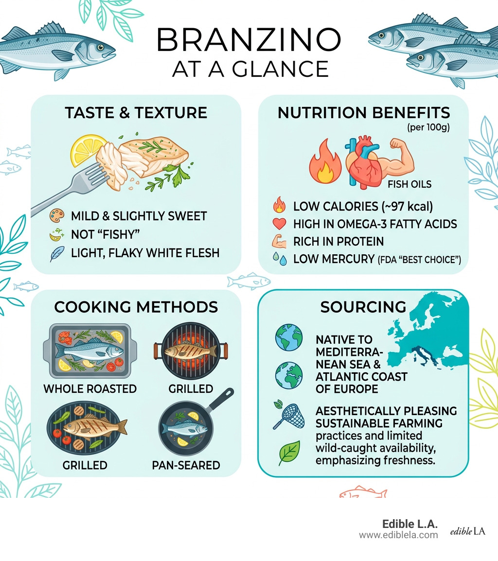 Branzino at a glance: taste, nutrition, cooking methods, and sourcing infographic - branzino infographic 