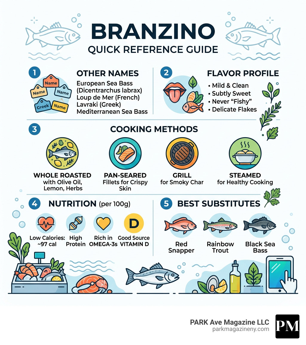 Branzino quick reference guide: names, flavor, cooking methods, nutrition, and substitutes - branzino infographic 