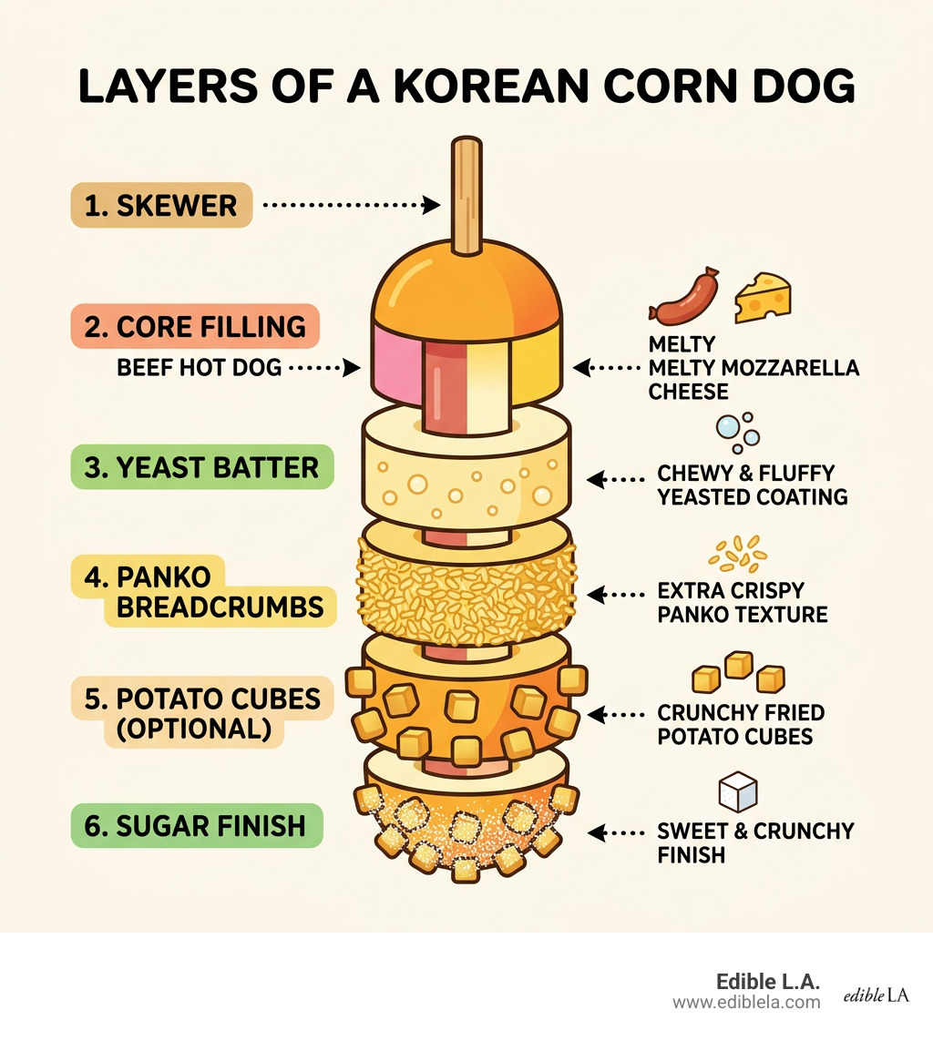 Layers of a Korean corn dog from skewer to topping: hot dog/cheese, yeast batter, panko, potato, sugar - korean corn dog