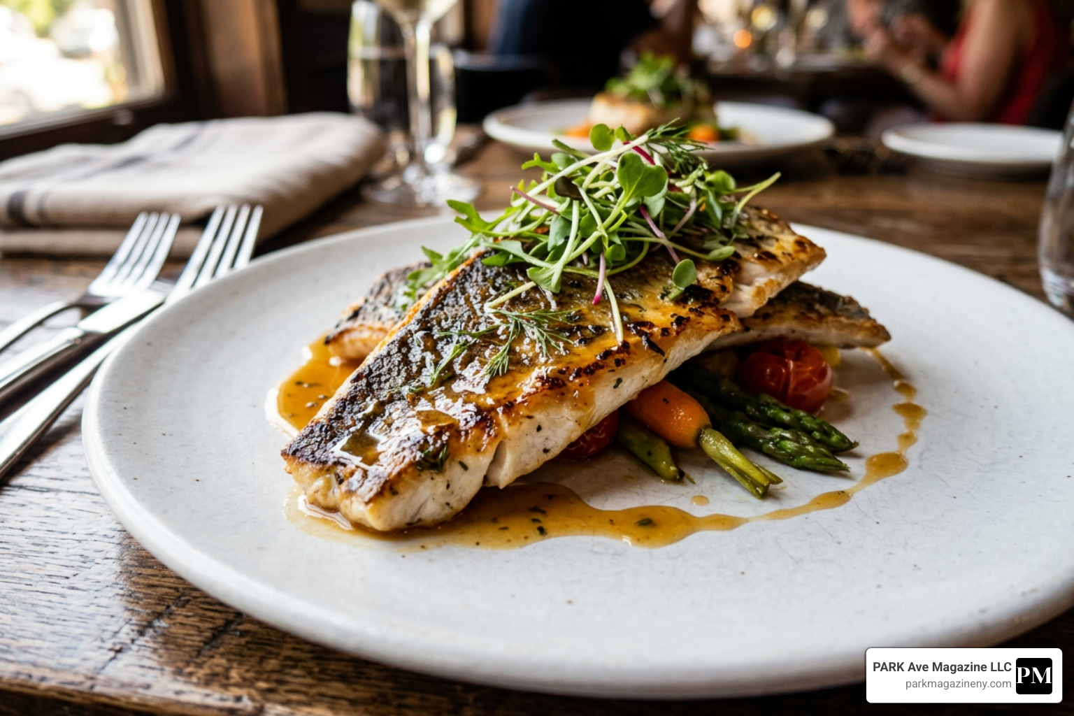 Pan-seared branzino fillets served with microgreens and a citrus reduction - branzino