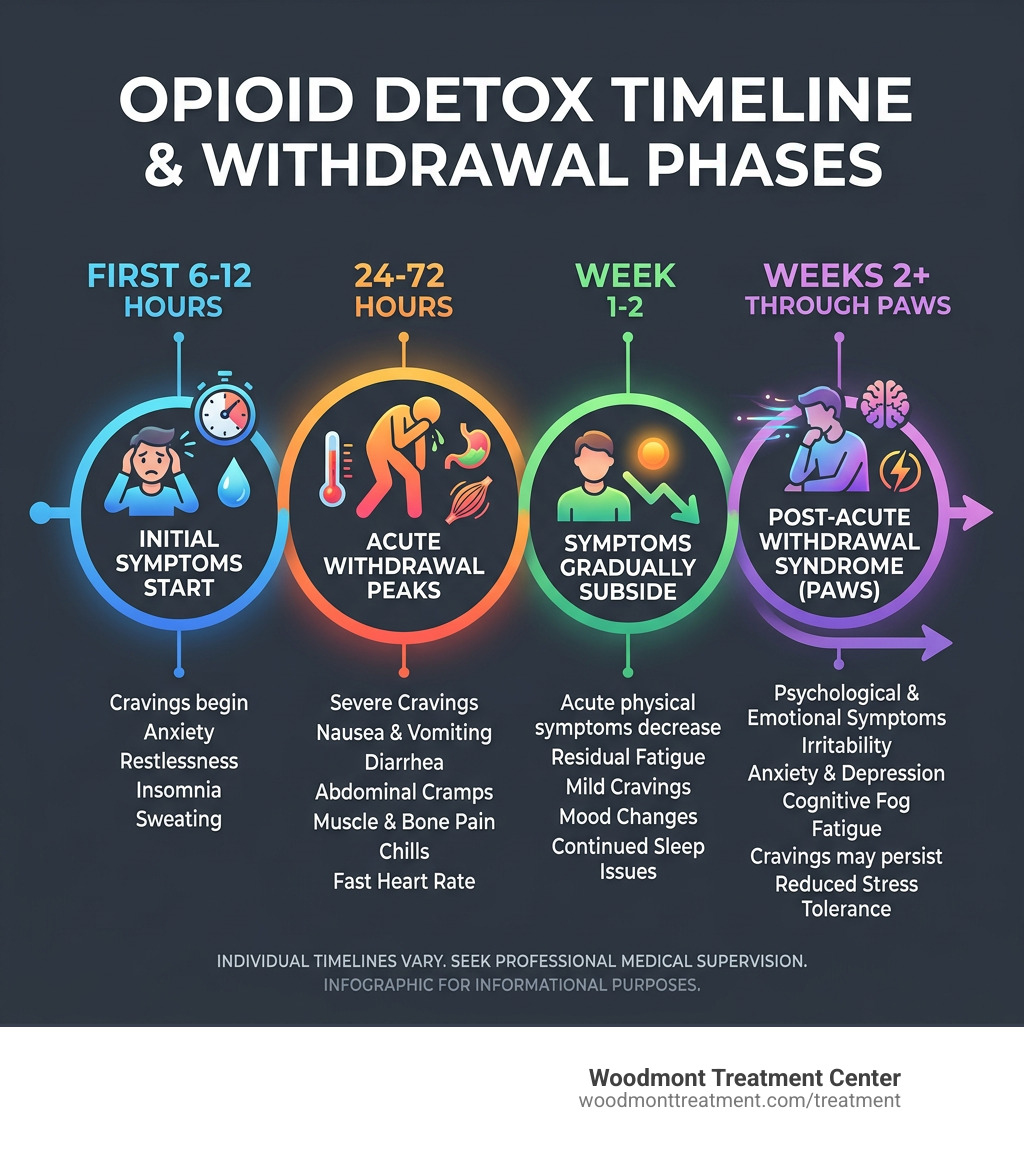 Opioid detox timeline infographic showing withdrawal phases from first 6 hours through PAWS - Opioid Detox in New Jersey