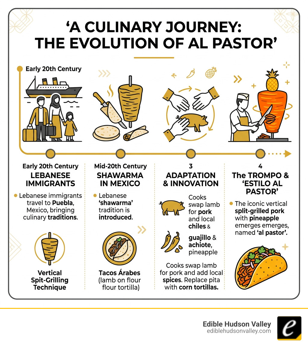 Lebanese-Mexican fusion history of al pastor from shawarma to trompo timeline infographic - al pastor infographic 