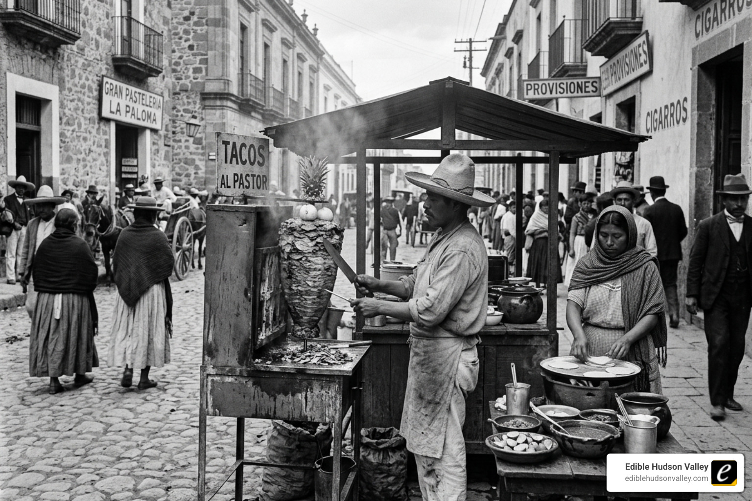 historical Puebla street vendors preparing spit-grilled meat - al pastor