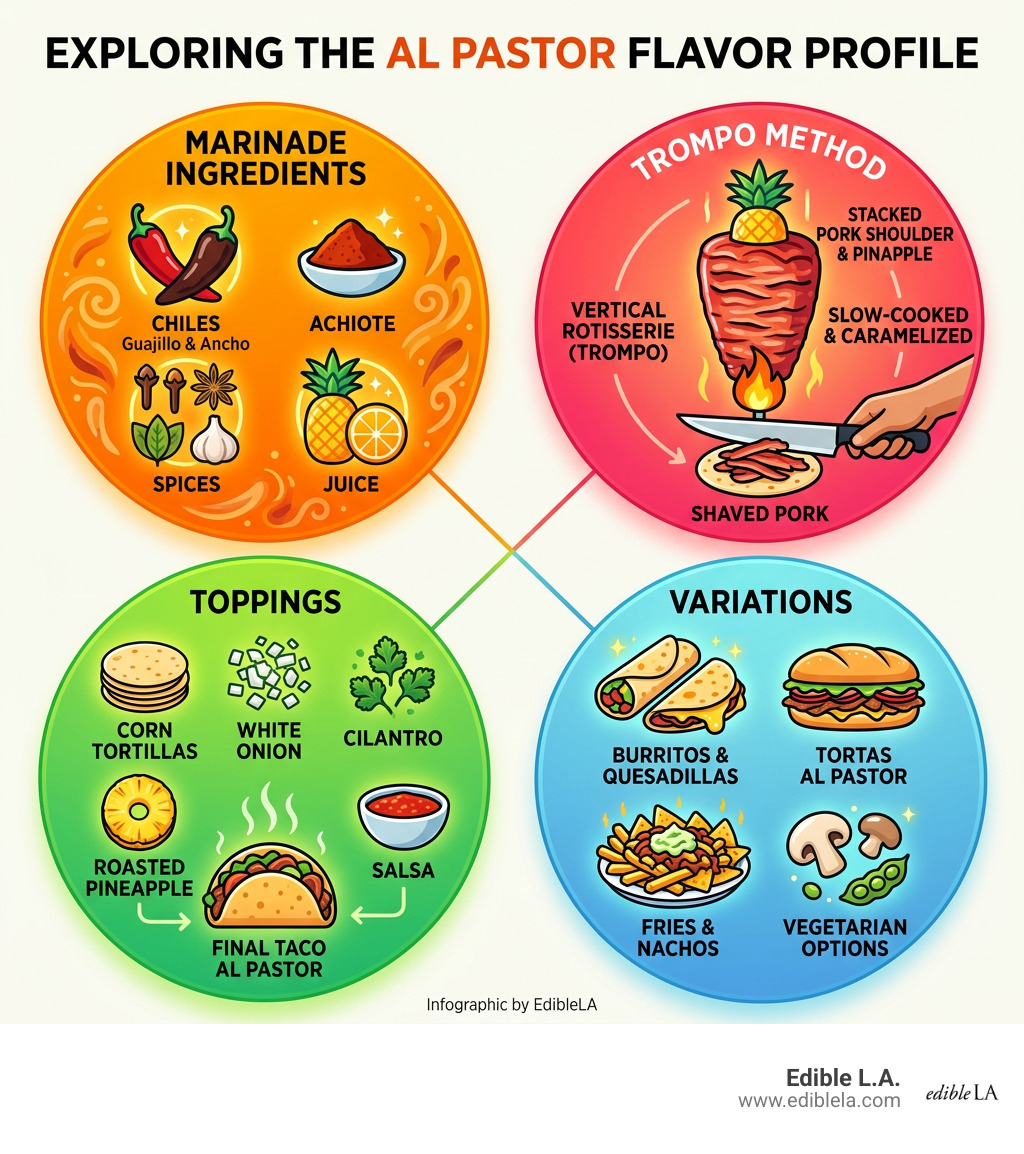 Al pastor flavor profile infographic: marinade ingredients, trompo method, toppings, and variations - al pastor infographic 