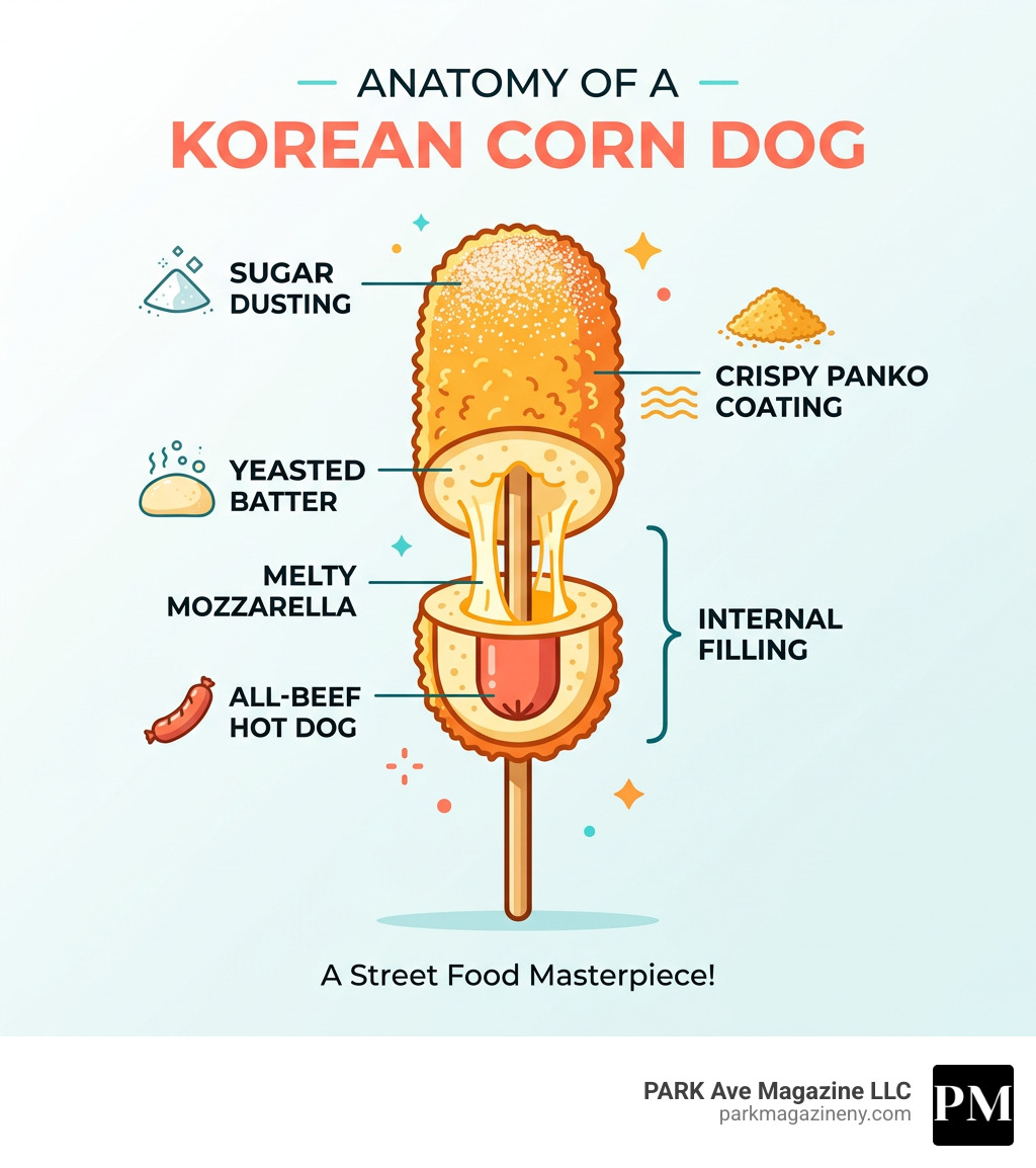 Anatomy of a Korean corn dog: layers of filling, yeasted batter, panko coating, and sugar topping - korean corn dog