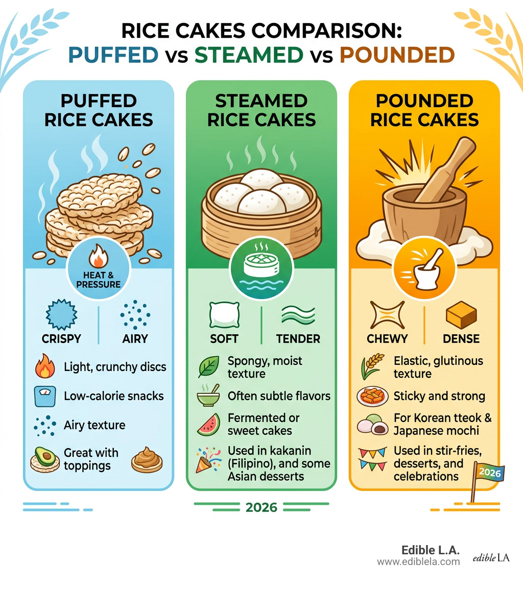 Puffed vs steamed vs pounded rice cakes comparison infographic - rice cakes infographic 