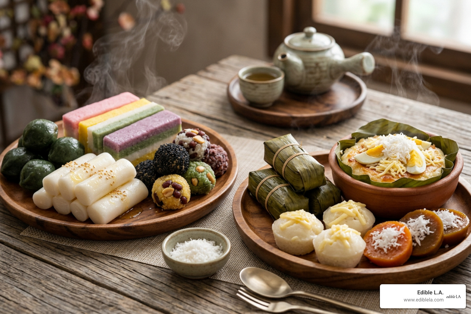 Traditional Korean tteok and Filipino kakanin spread - rice cakes
