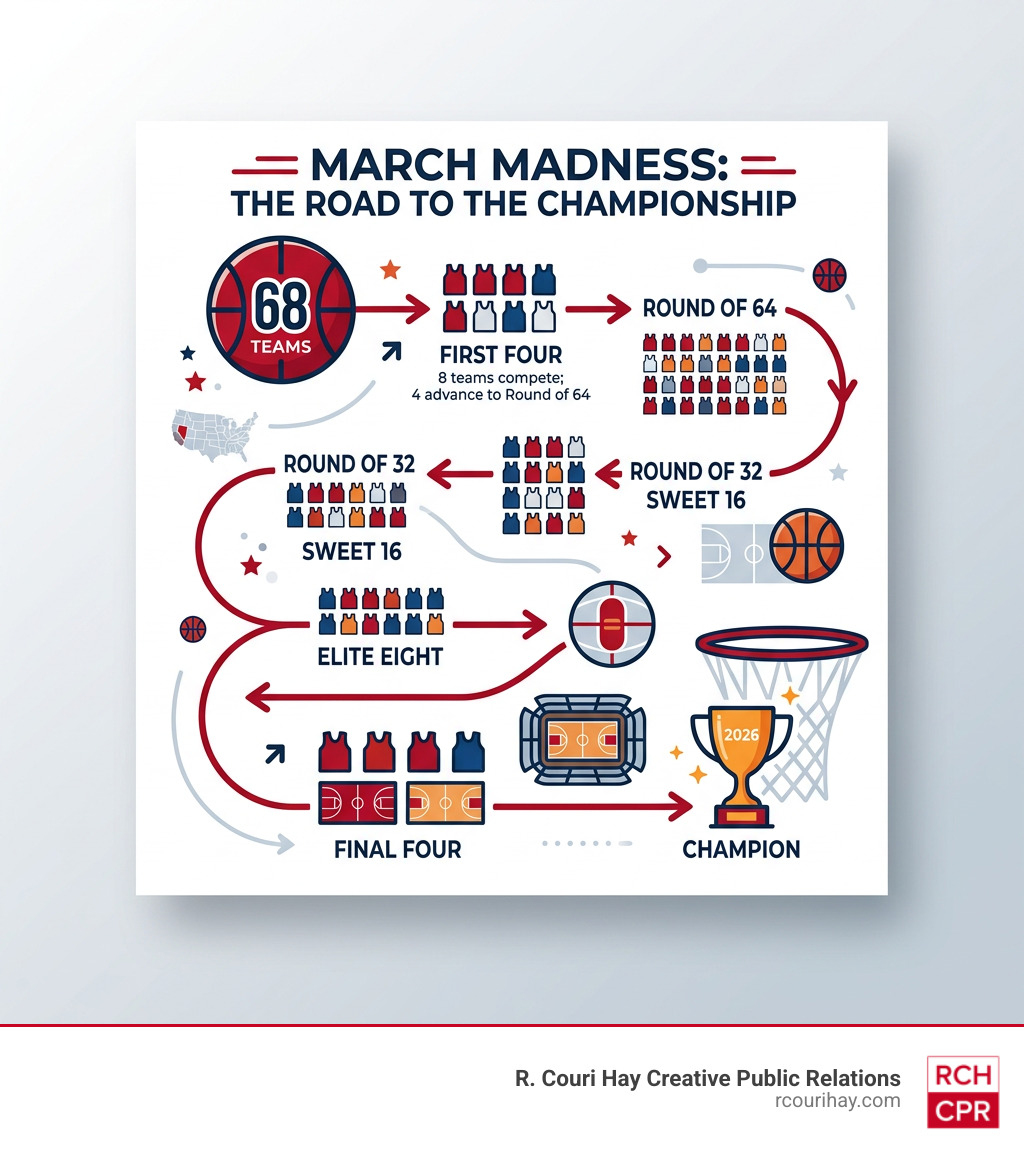 Infographic showing the March Madness road from First Four to Championship: 68 teams, First Four, Round of 64, Round of 32 Infographic showing the March Madness road from First Four to Championship: 68 teams, First Four, Round of 64, Round of 32