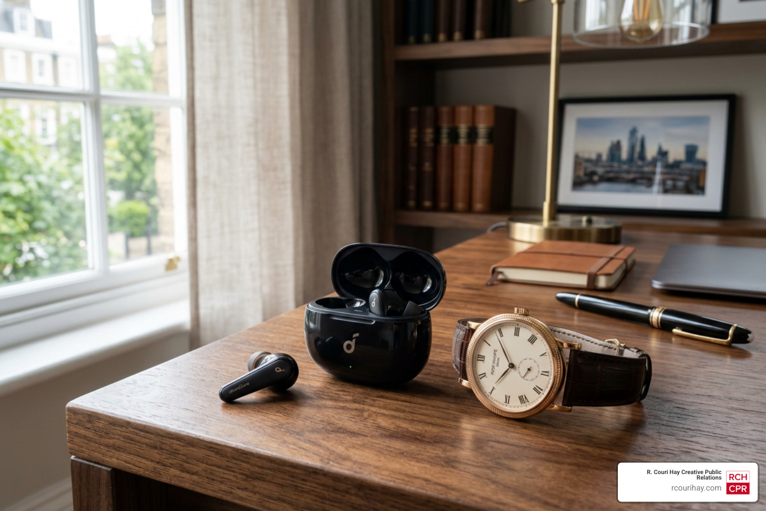 Soundcore Liberty 5 earbuds on a luxury desk next to a watch - best wireless earbuds under 200 dollars 2024