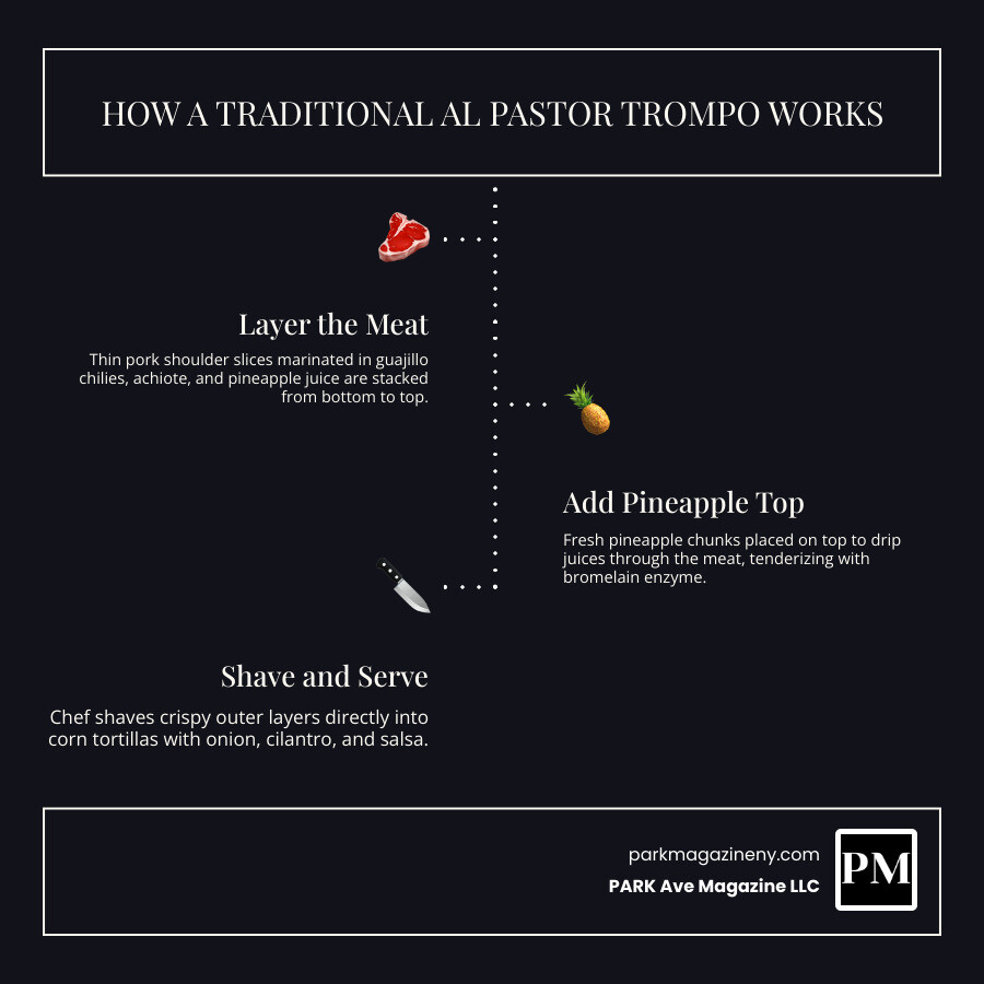 Diagram of a traditional al pastor trompo showing meat layers, pineapple top, and shaving technique - al pastor infographic