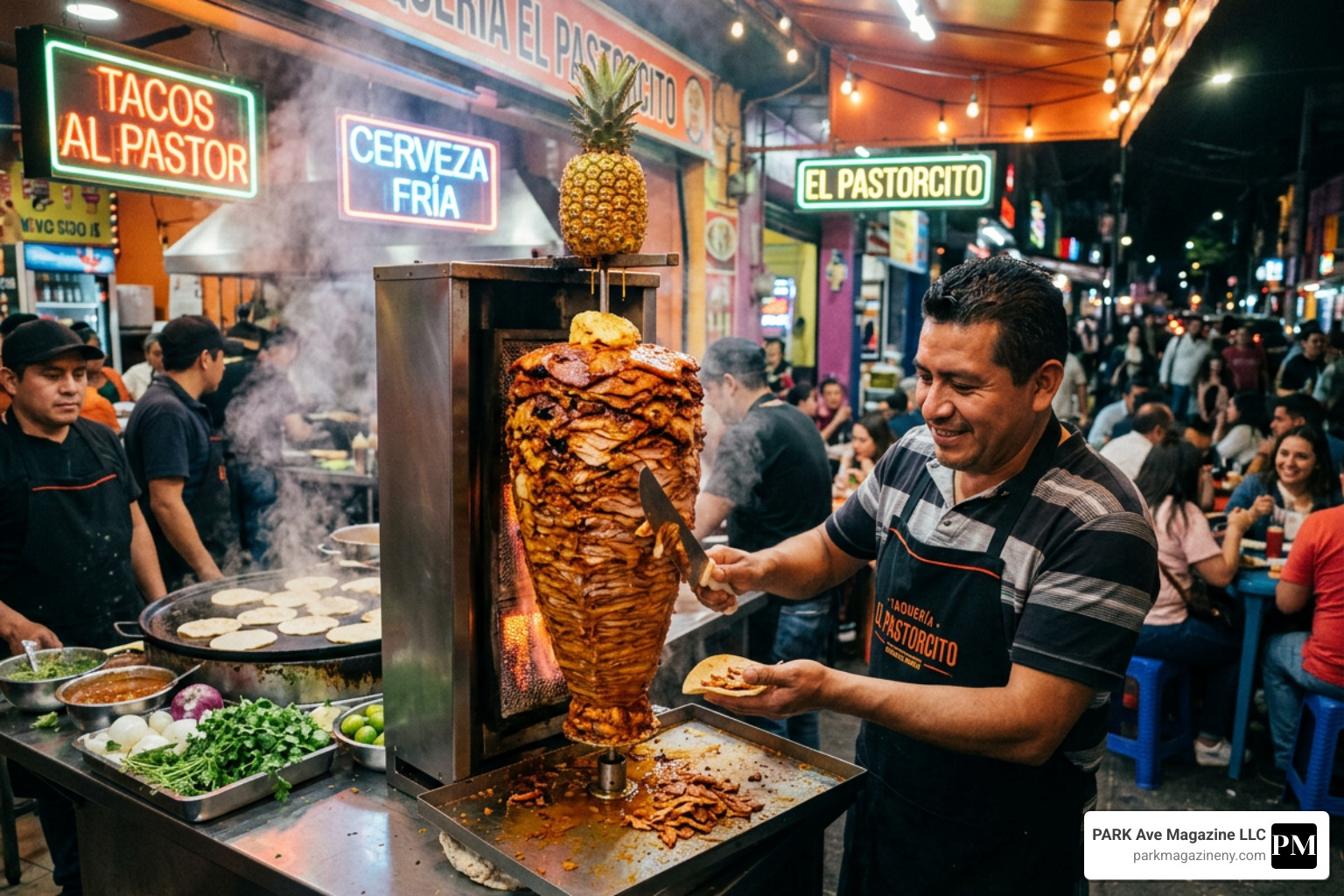 Chef shaving meat from a vertical spit in a bustling taquería - al pastor