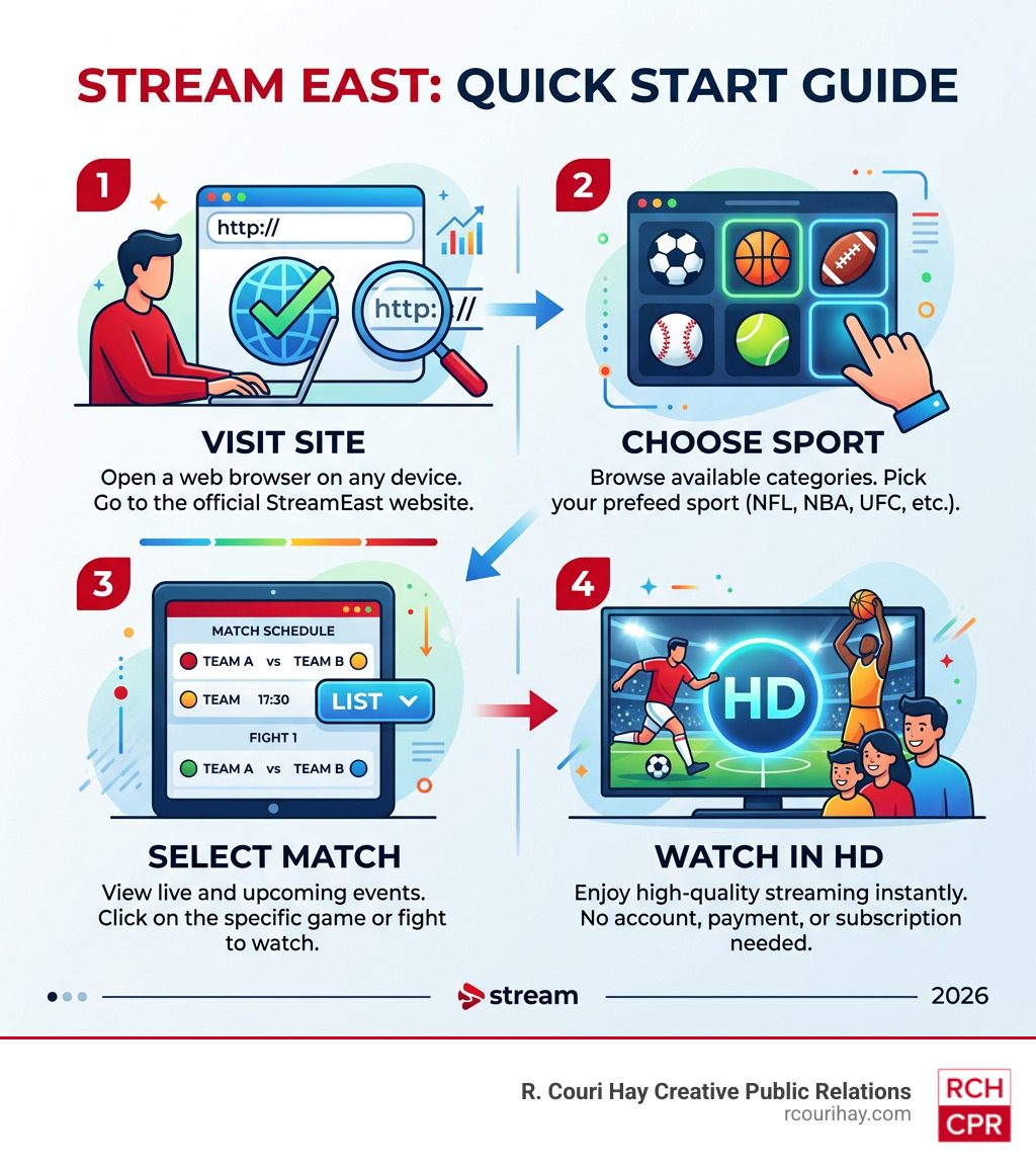 4-step infographic showing how to access StreamEast: visit site, choose sport, select match, watch in HD - streameast
