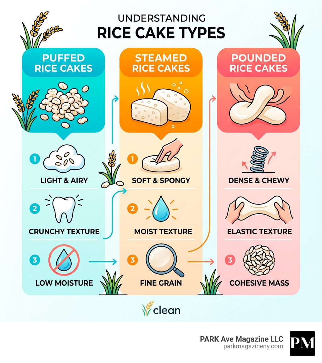 Infographic showing differences between puffed, steamed, and pounded rice cakes with key traits - rice cakes infographic Infographic showing differences between puffed, steamed, and pounded rice cakes with key traits - rice cakes infographic