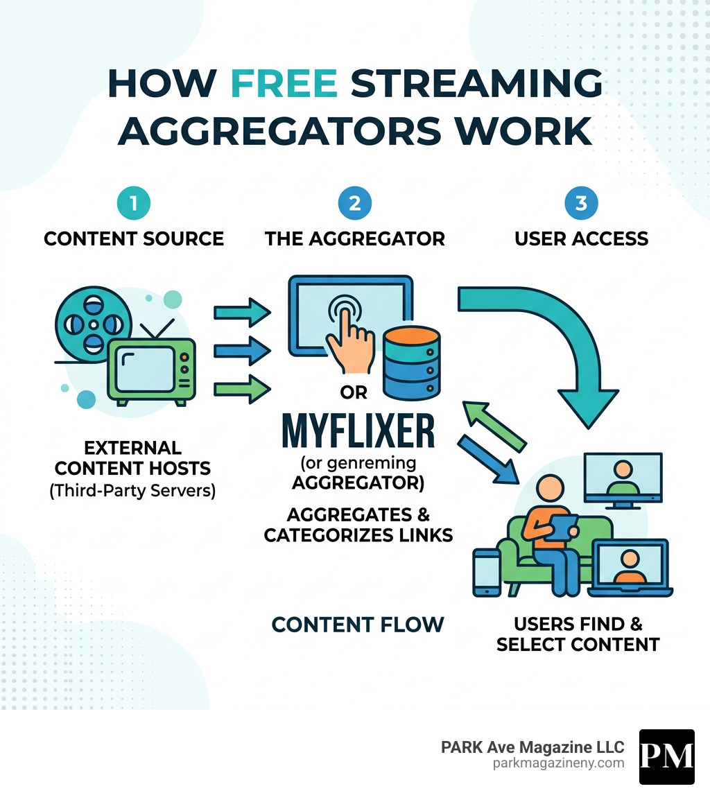 How free streaming aggregators work — content flow, third-party servers, user access - myflixer infographic 