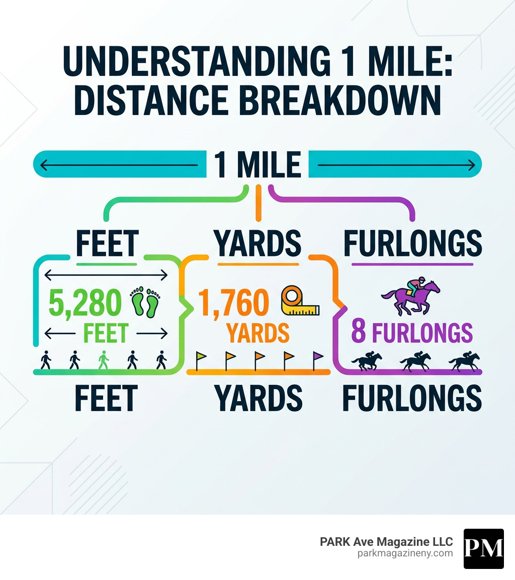 Infographic showing 1 mile broken into 5280 feet, 1760 yards, and 8 furlongs - how many feet in a mile infographic 