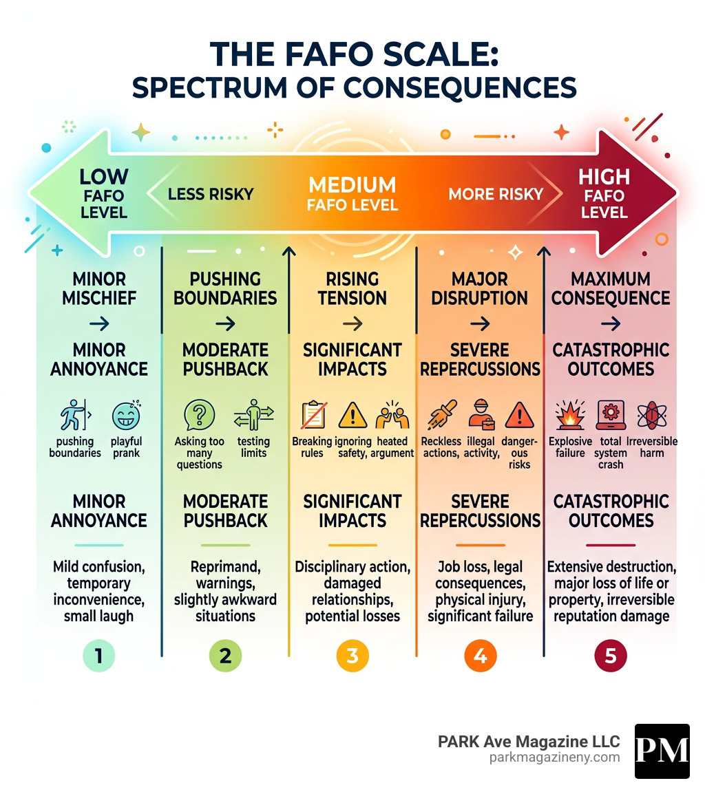 FAFO scale infographic showing spectrum from minor mischief to major consequences with outcomes - fafo meaning infographic 