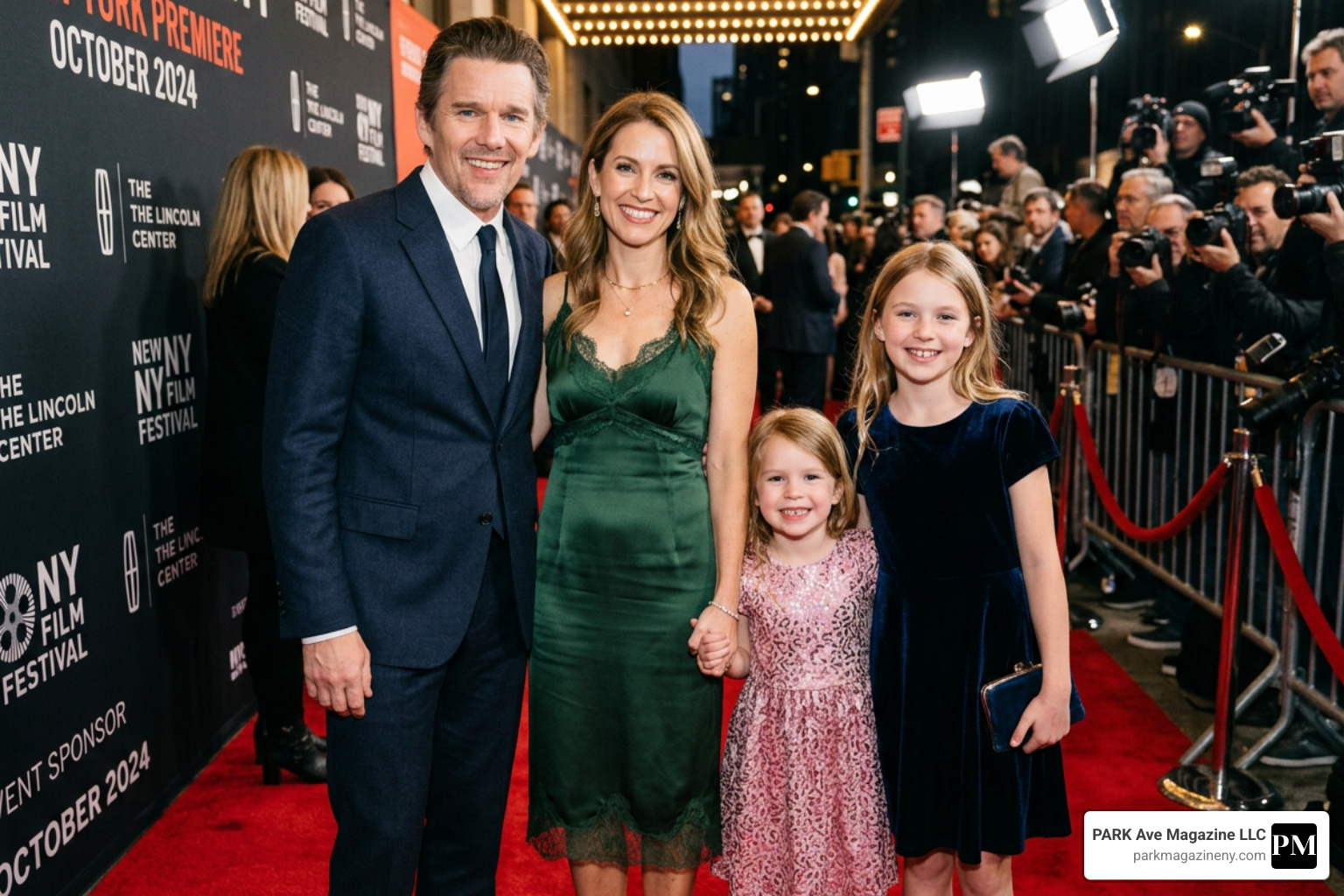 Ethan Hawke and Ryan Shawhughes with their children at a public event - clementine jane hawke