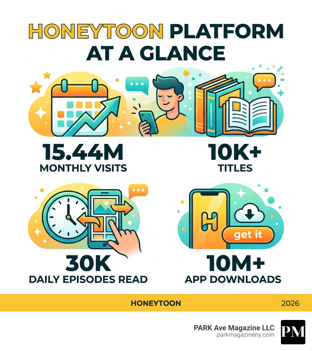 Infographic showing Honeytoon platform stats: 15.44M monthly visits, 10K+ titles, 30K daily episodes, 10M+ app downloads