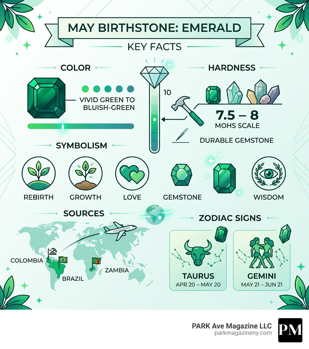 May birthstone emerald key facts infographic — color, hardness, symbolism, sources, and zodiac signs - may birthstone May birthstone emerald key facts infographic — color, hardness, symbolism, sources, and zodiac signs - may birthstone