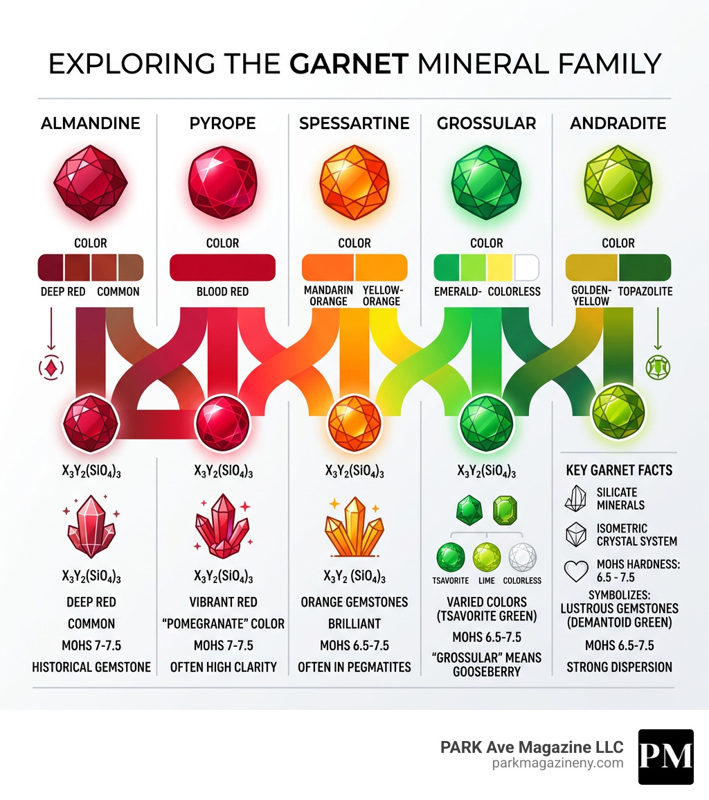 Garnet mineral family infographic showing species, colors, and key facts - january birthstone infographic Garnet mineral family infographic showing species, colors, and key facts - january birthstone infographic
