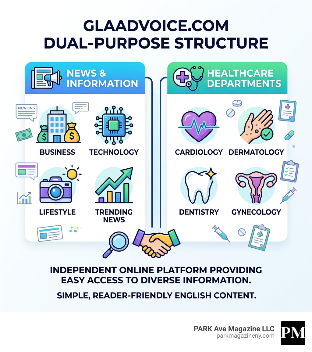 Glaadvoice.com dual-purpose structure showing news categories and healthcare departments - glaadvoice com infographic 