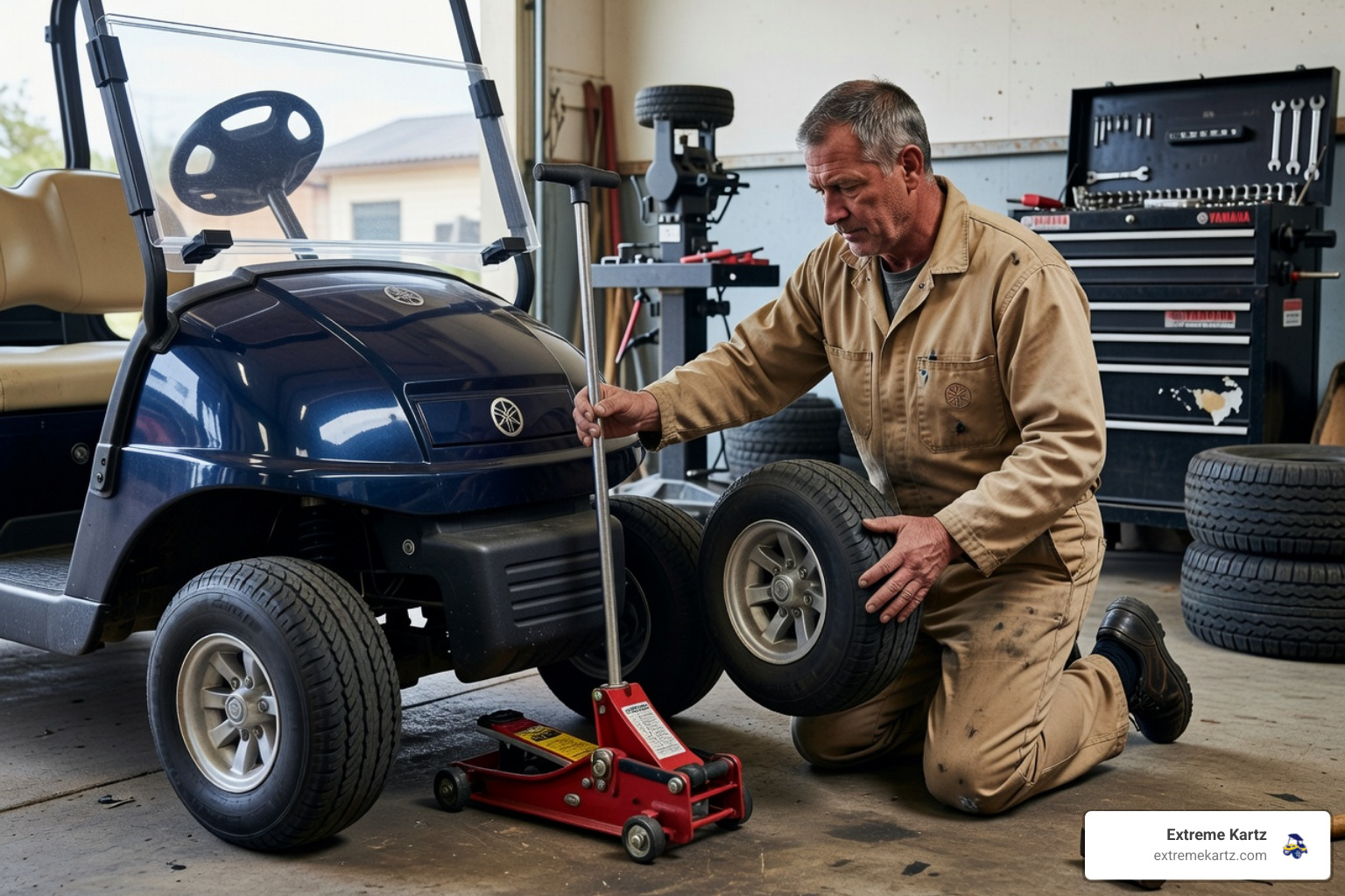 Mechanic checking Yamaha golf cart tire clearance and motor connections - Yamaha golf cart speed Mechanic checking Yamaha golf cart tire clearance and motor connections - Yamaha golf cart speed