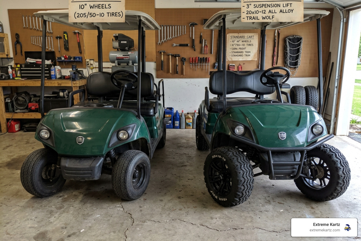 A side-by-side comparison of a standard 10-inch wheel and a 12-inch wheel with 20x10-12 tires in a garage setting - 20x10 12