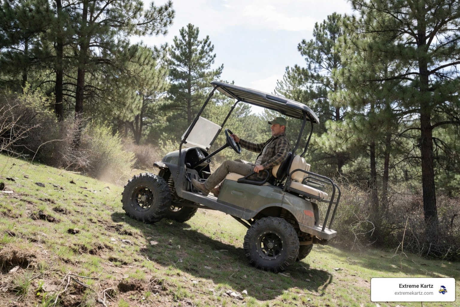 A lifted golf cart easily climbing a grassy hill in a backyard setting - AC drive golf cart