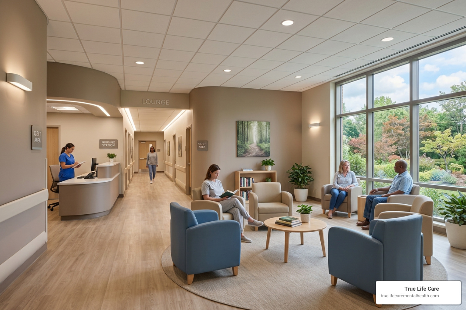 A modern New Jersey behavioral health facility interior designed for safety and calm - inpatient schizophrenia treatment New