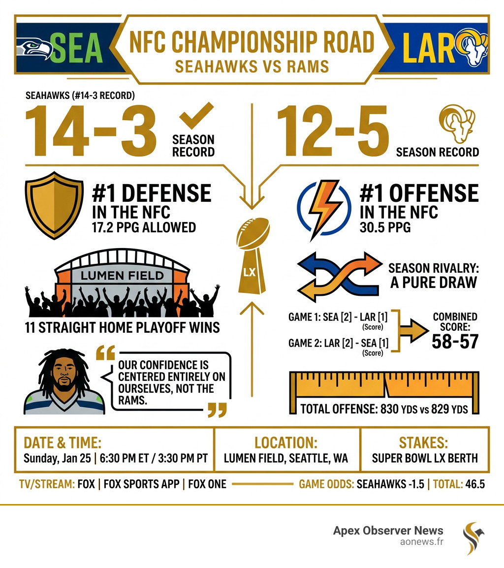 Seahawks vs Rams NFC Championship road infographic with stats, records, and key matchup details - Seahawks vs Rams preview