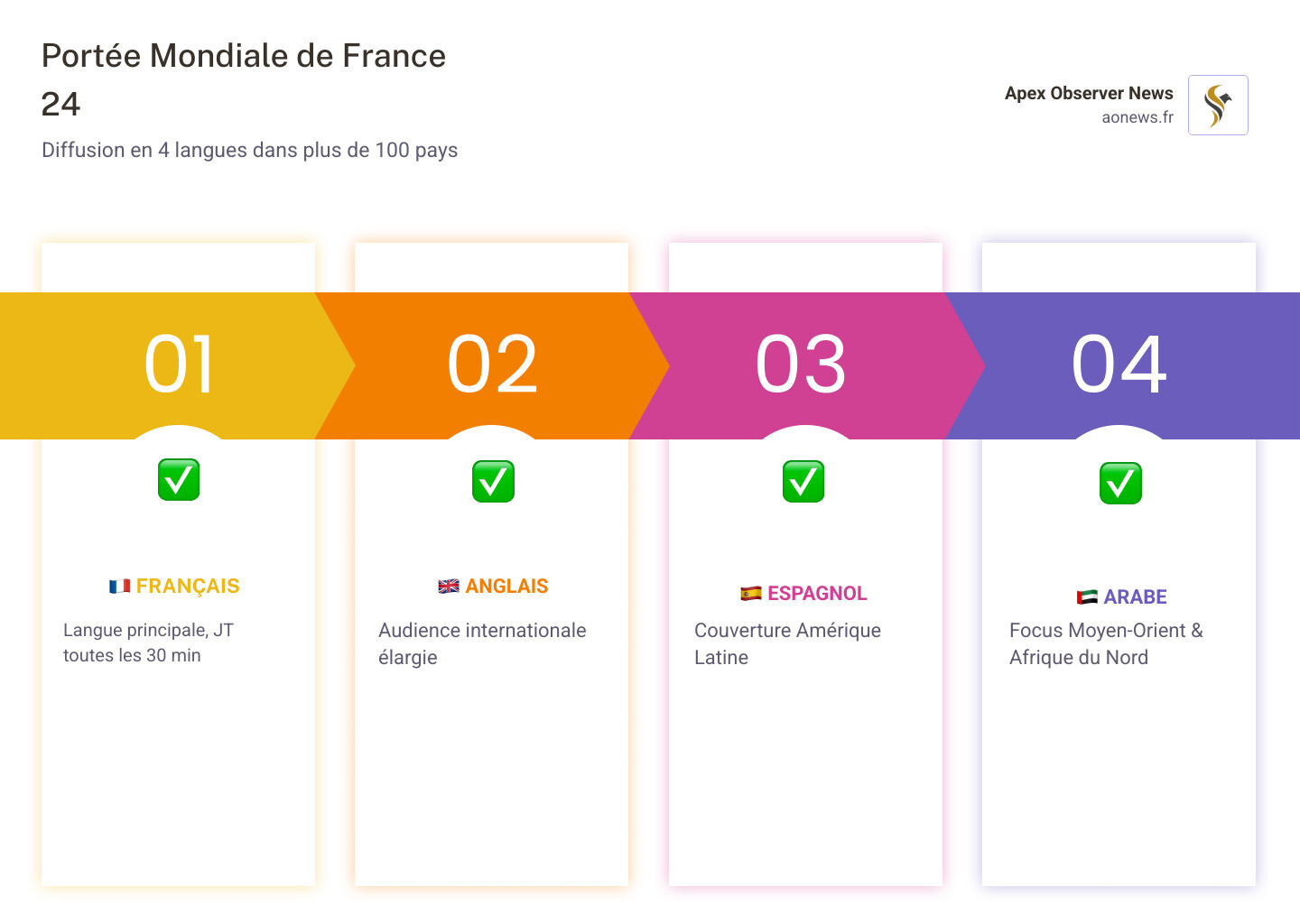 Infographic showing France 24's global reach across four languages with key access platforms and broadcast stats - france 24