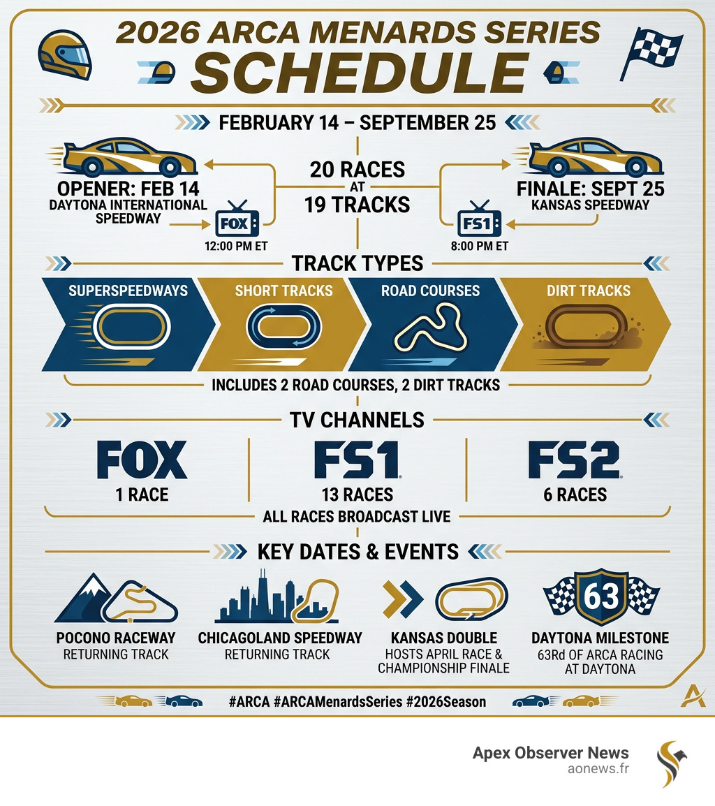 2026 ARCA Menards Series schedule infographic showing track types, TV channels, and key dates - arca menards series schedule