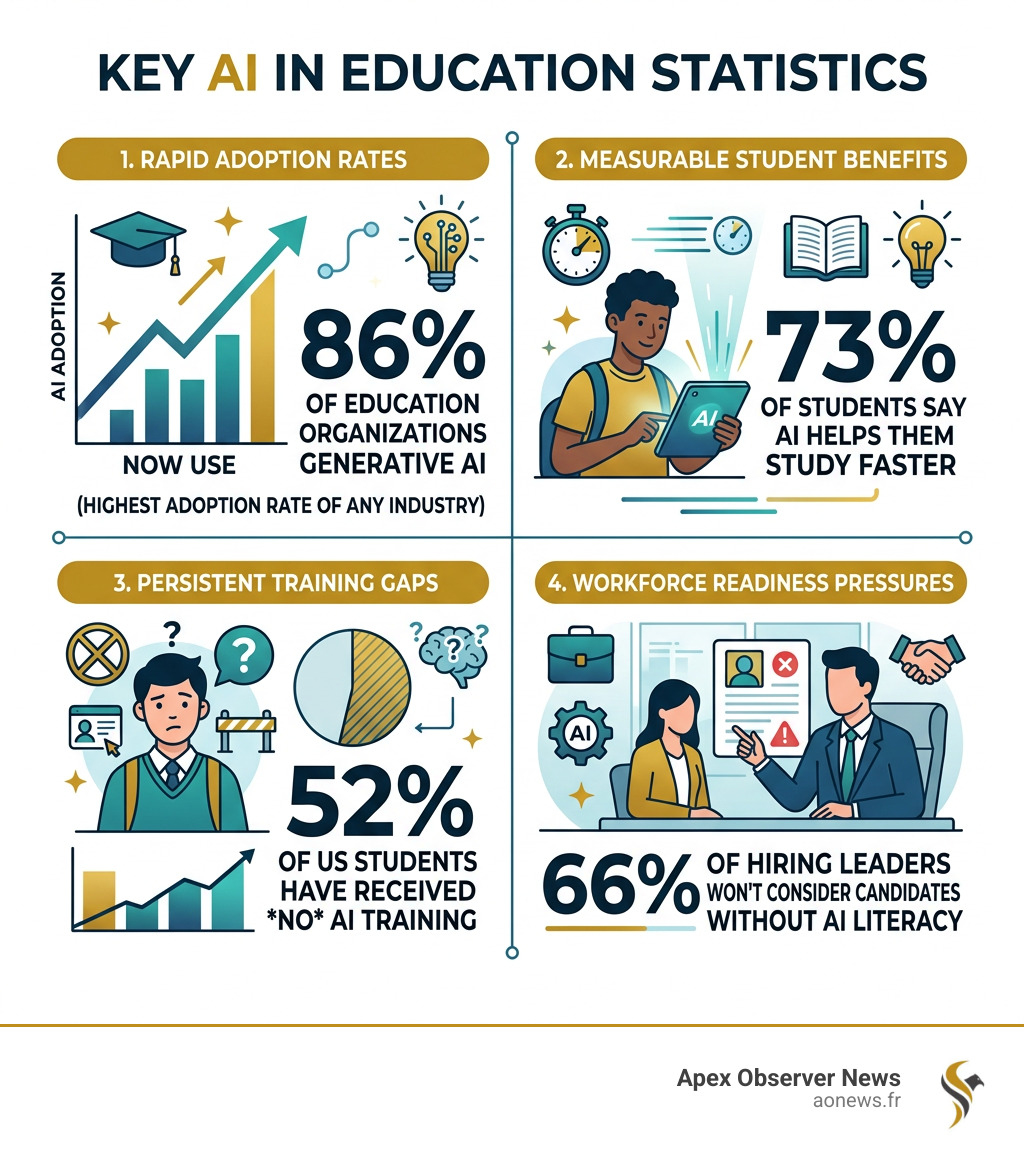 Key AI in education statistics infographic: adoption rates, student benefits, training gaps, workforce readiness - ai in Key AI in education statistics infographic: adoption rates, student benefits, training gaps, workforce readiness - ai in