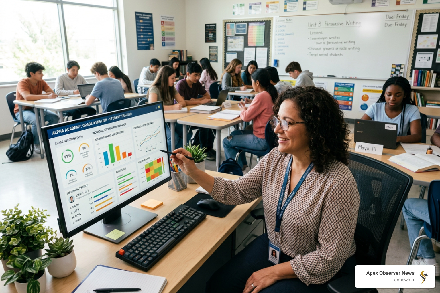 Teacher using an AI dashboard to track student progress - ai in education Teacher using an AI dashboard to track student progress - ai in education