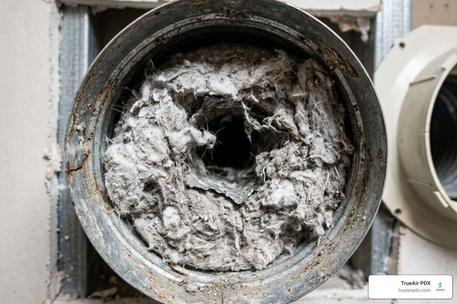 A severely clogged dryer vent with lint - Find me a local dryer cleaner near me in the Alberta Arts District.