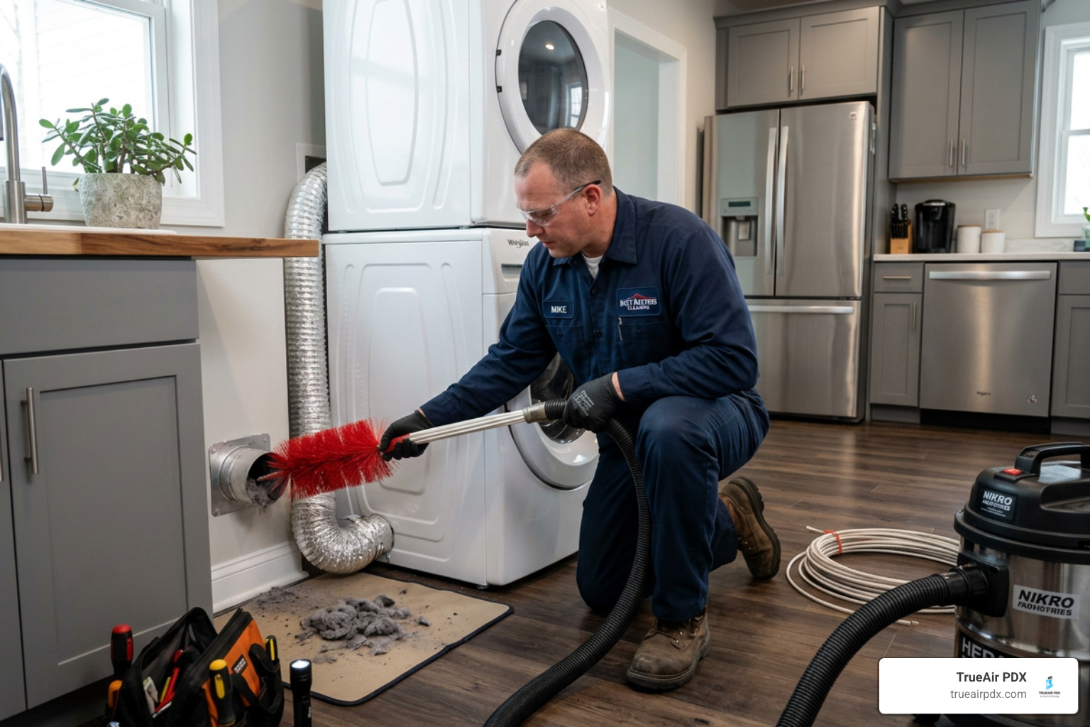 A professional dryer vent cleaning in progress - Find me a local dryer cleaner near me in the Alberta Arts District.