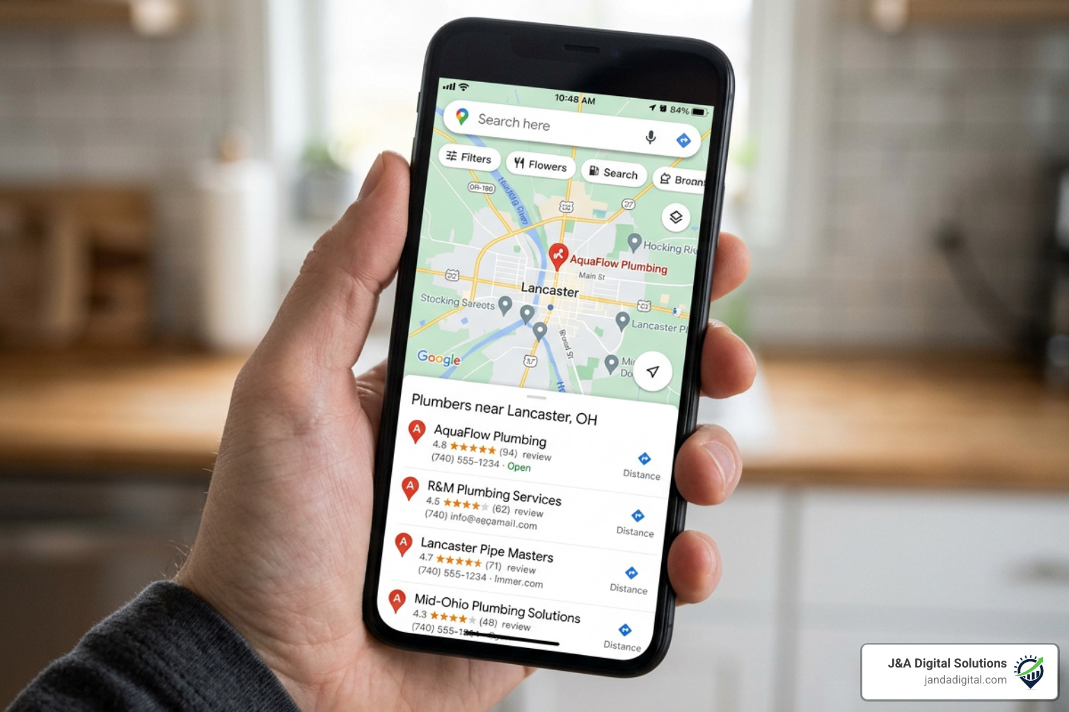 A smartphone displaying Google Maps with a plumbing business highlighted, surrounded by local search results - I need help A smartphone displaying Google Maps with a plumbing business highlighted, surrounded by local search results - I need help