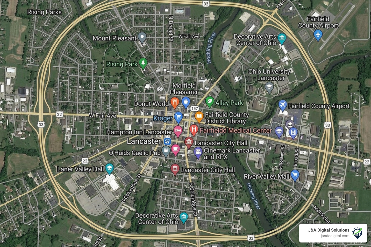 A map of Lancaster, OH with pins indicating local businesses and search results - I need help with content marketing for my A map of Lancaster, OH with pins indicating local businesses and search results - I need help with content marketing for my