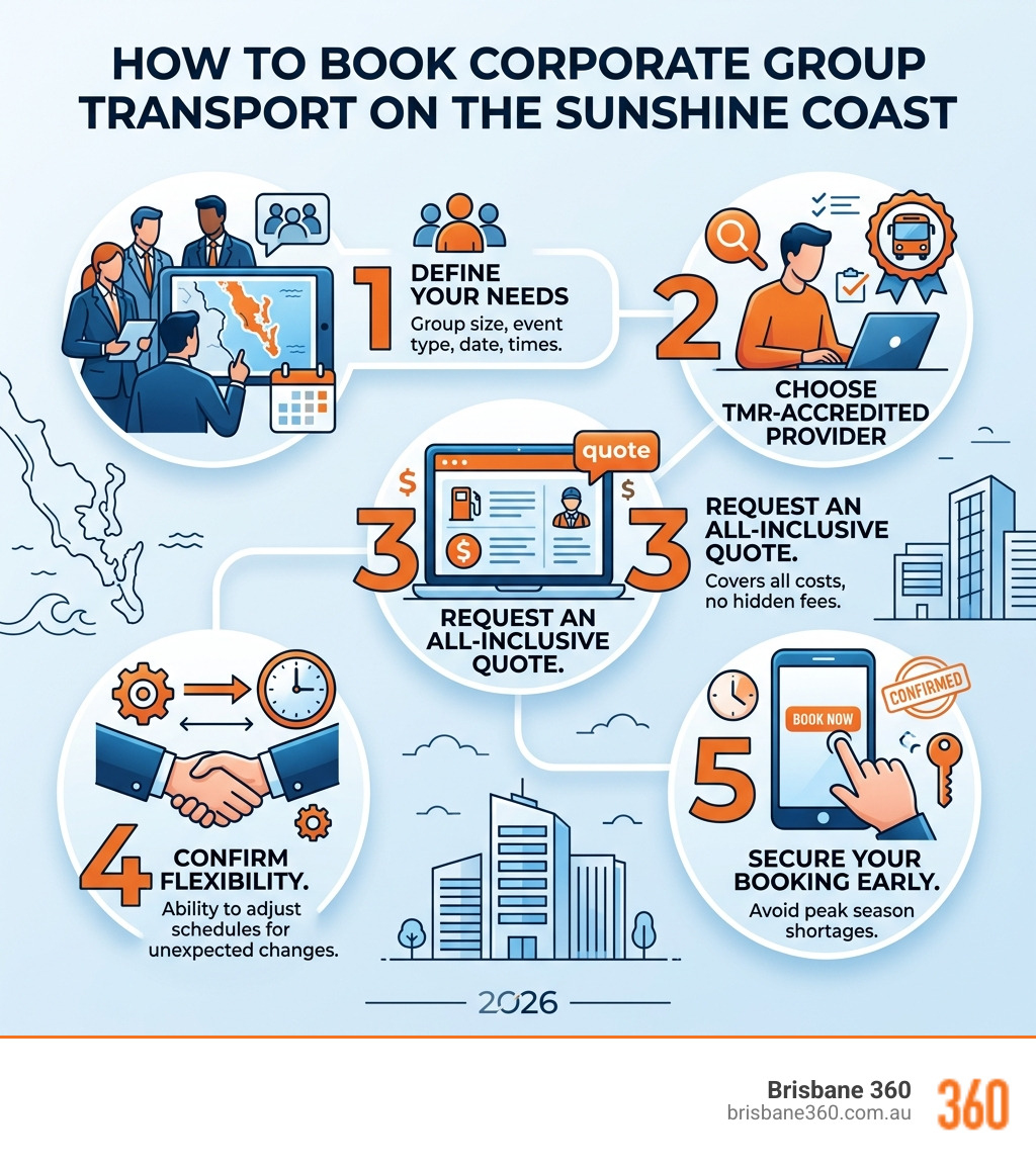 5-step infographic showing how to book corporate group transport on the Sunshine Coast - corporate bus hire sunshine coast