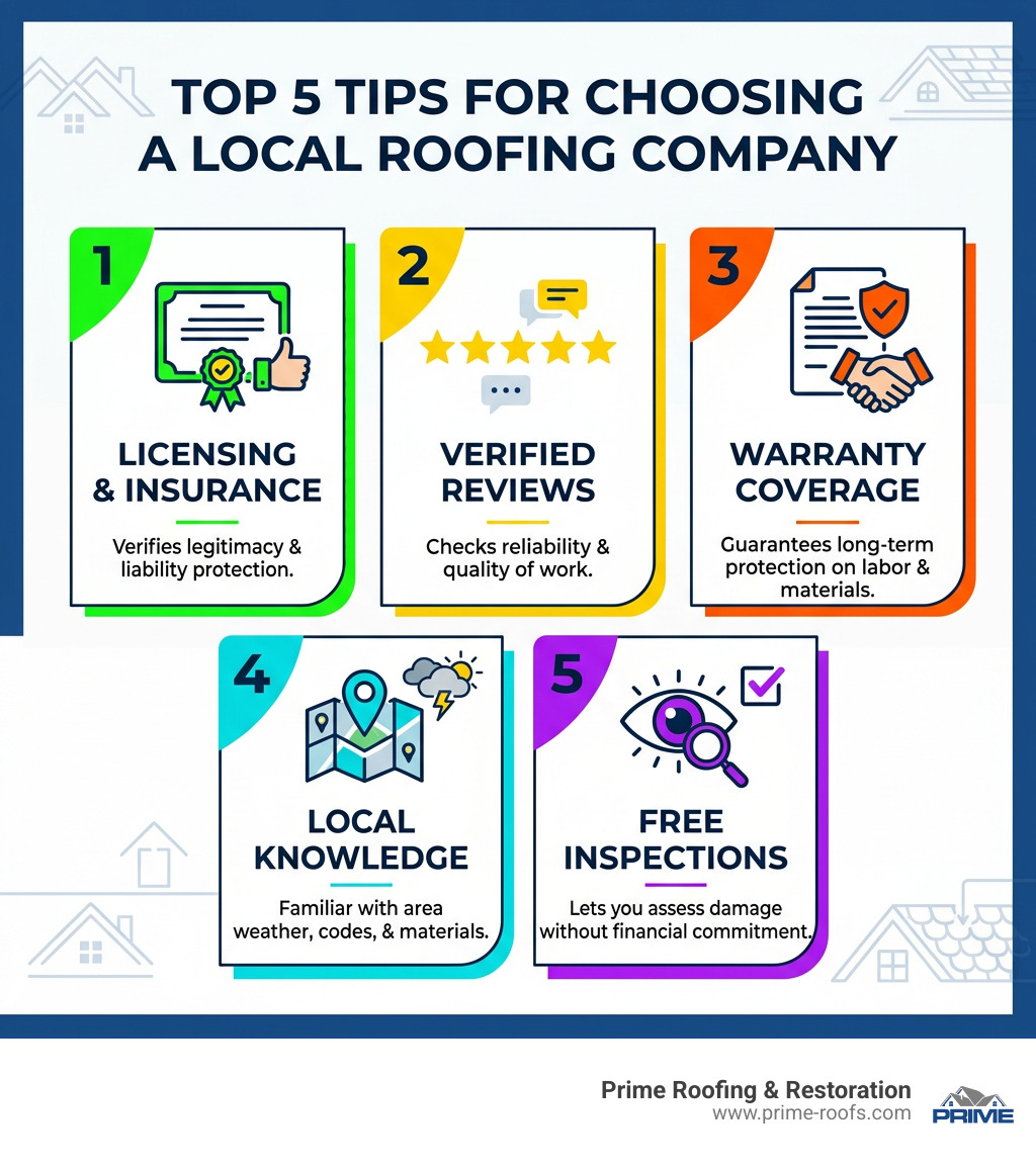 Infographic: Top 5 tips for choosing a local roofing company including licensing, reviews, warranties, local knowledge, and