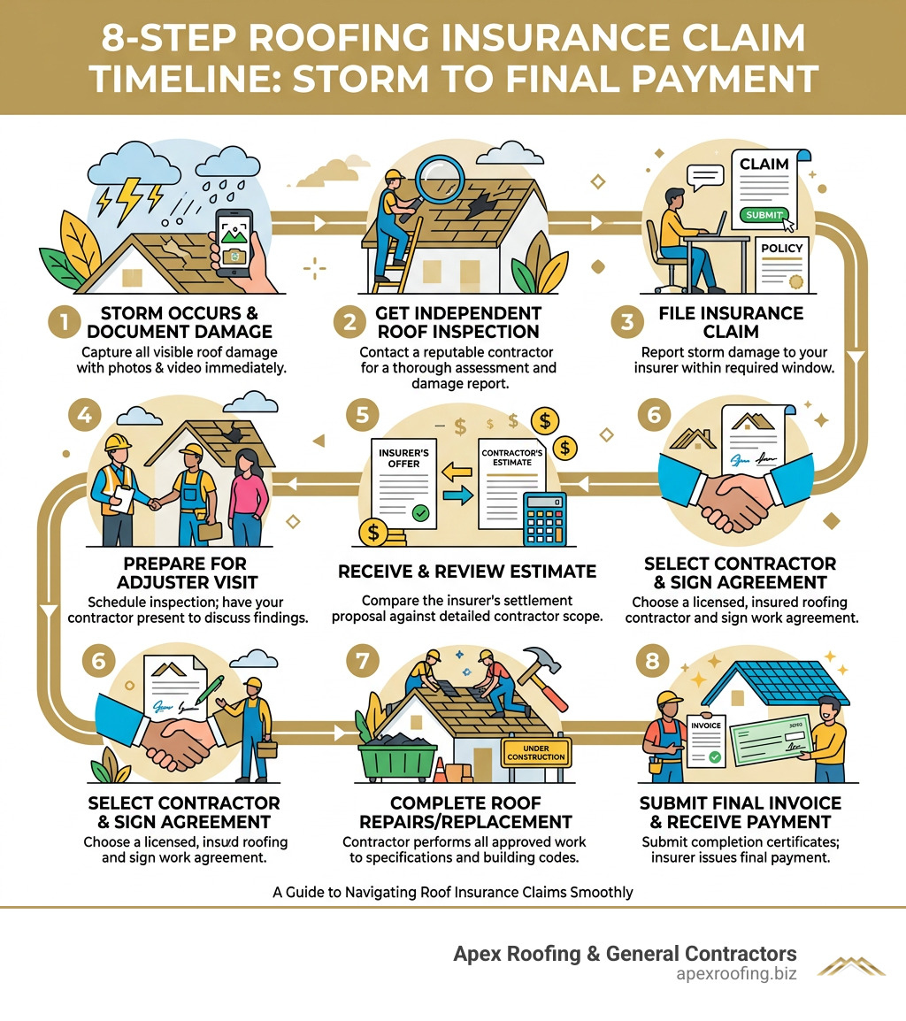 8-step roofing insurance claim timeline from storm to final payment - Insurance claim roofing infographic 8-step roofing insurance claim timeline from storm to final payment - Insurance claim roofing infographic