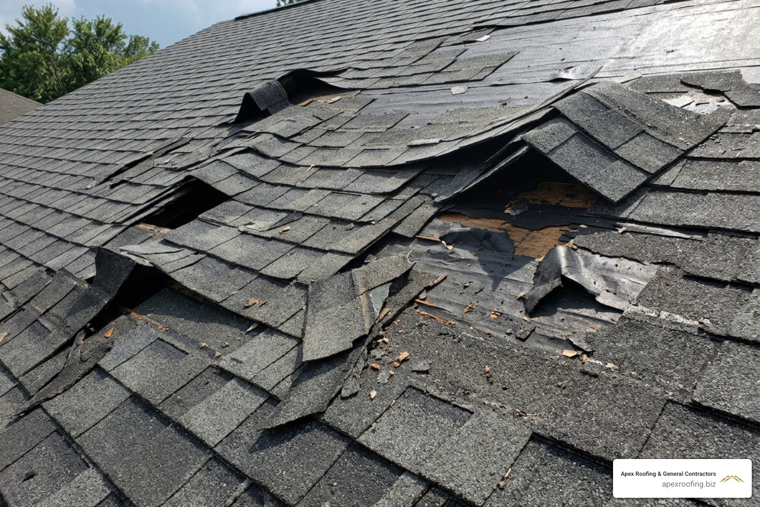 wind damaged shingles with visible creases and missing sections - Insurance claim roofing wind damaged shingles with visible creases and missing sections - Insurance claim roofing