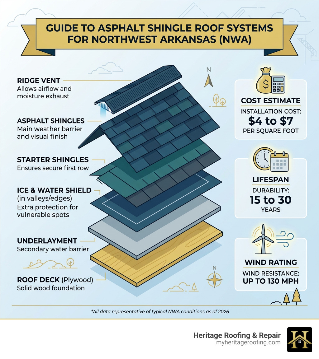 Infographic showing layers of an asphalt shingle roof system with cost, lifespan, and wind rating data for NWA - asphalt