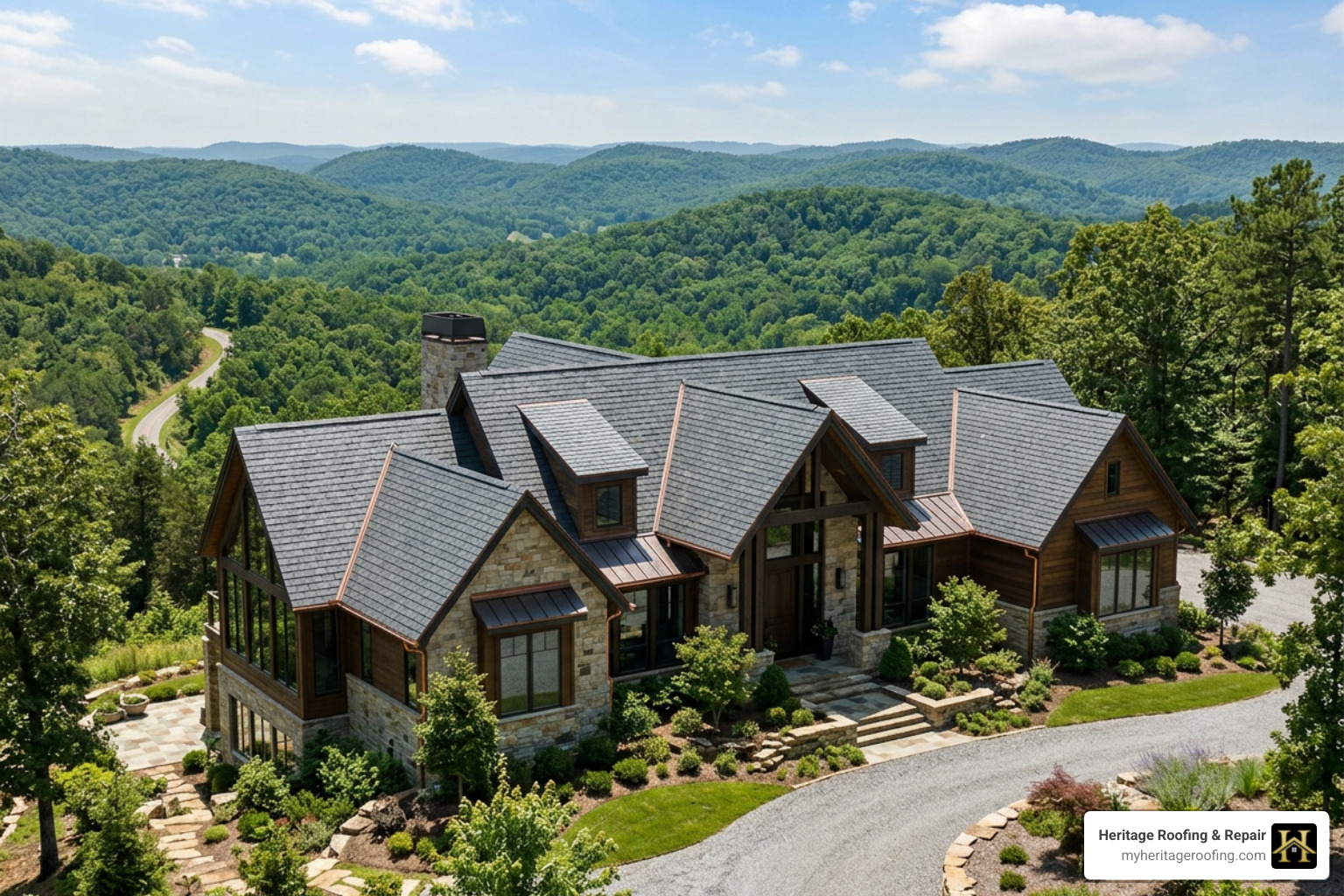 Luxury slate-look asphalt shingles on a high-end NWA home - asphalt roofing northwest arkansas