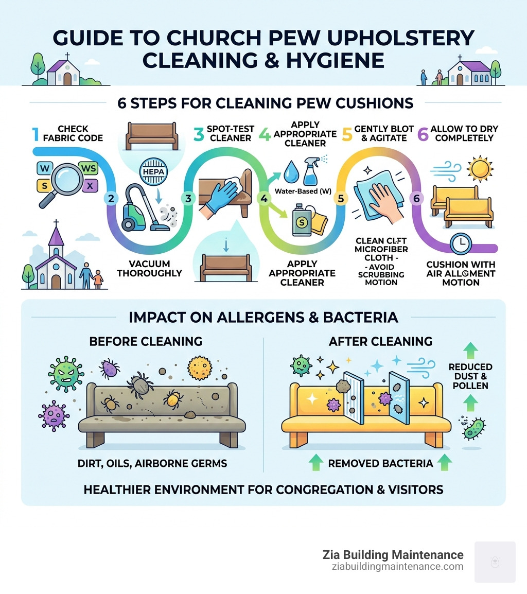 Infographic showing steps for church pew upholstery cleaning and impact on allergens and bacteria - church pew upholstery Infographic showing steps for church pew upholstery cleaning and impact on allergens and bacteria - church pew upholstery